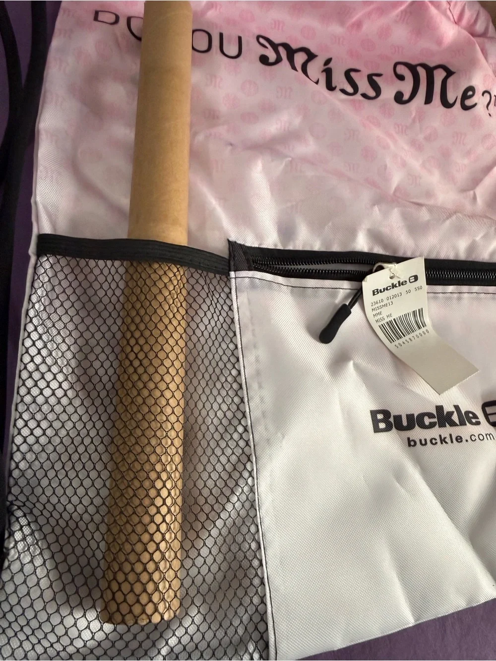 Miss Me Pink and White Drawstring Backpack with Bold Logo